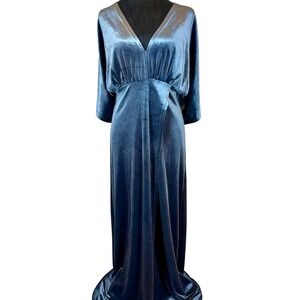 WYLDR Velvet Maxi Dress Blue Kimono Sleeve Slit Wrap Evening Formal L